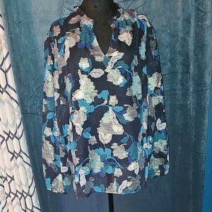 Chicos - NWT - Luxe Foliage Ruffle V Neck Top - Opulant Teal - Chicos Size 2